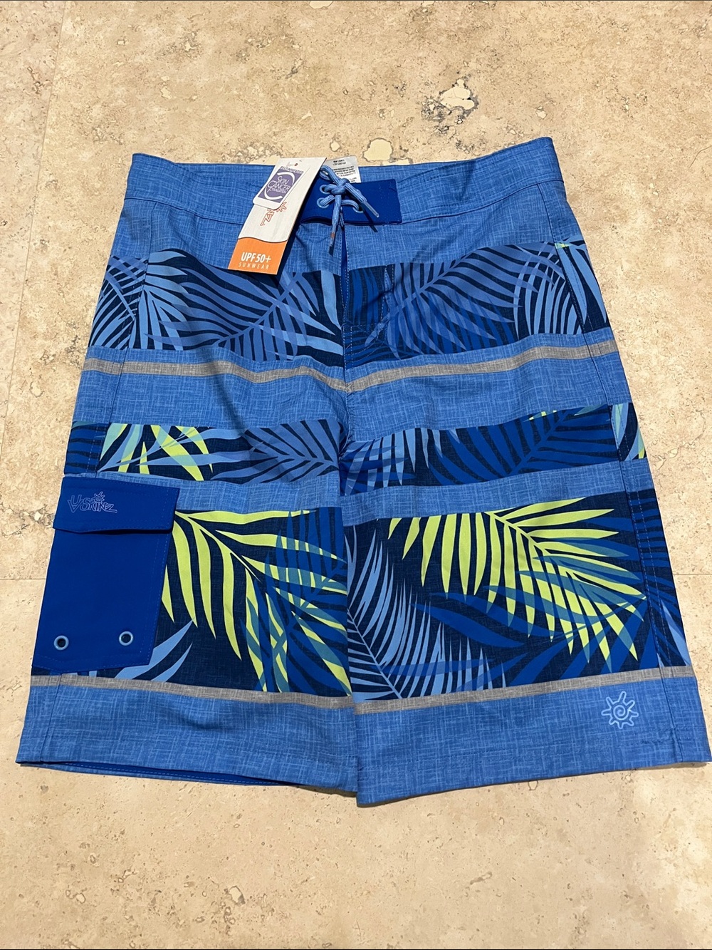 Boys Blue & Lime Palm-Print Swim Trunks with Side Pocket